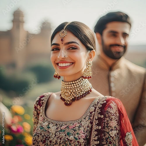 Smiling Bride in Traditional Indian Attire with Gold Jewelry photo