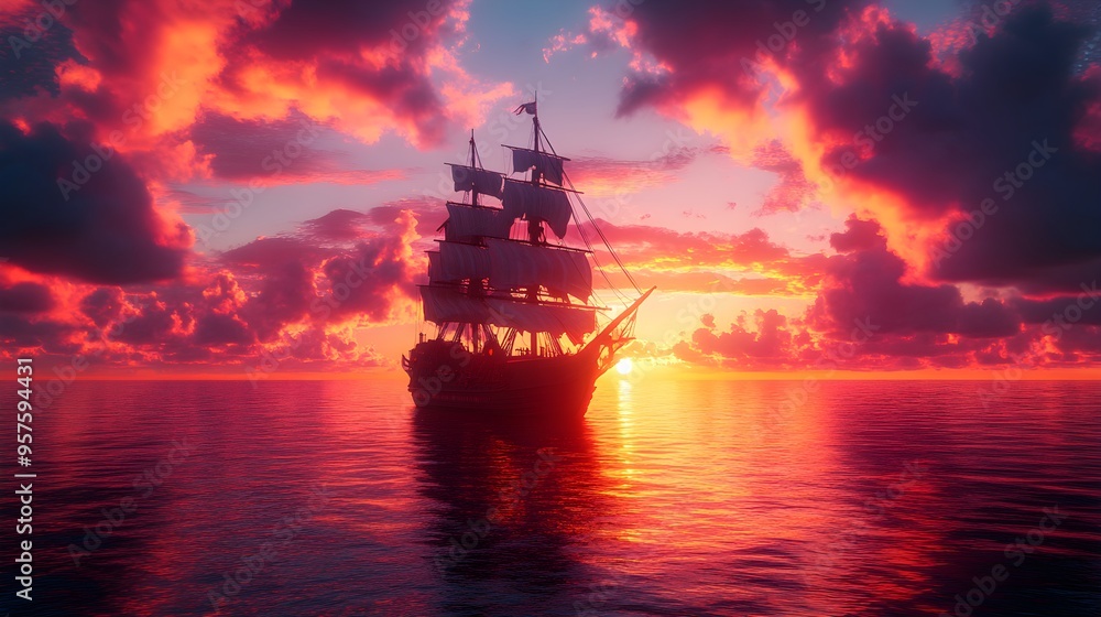 Realistic pirate ship scene at sunset with dramatic, fiery skies photo Realistic pirate ship scene at sunset with dramatic, fiery skies photo