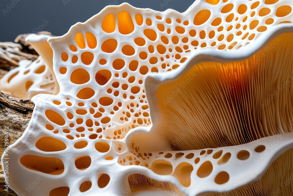 Mushroom Farm Close-up, Mycelium, and Gills depicted in a detailed ...