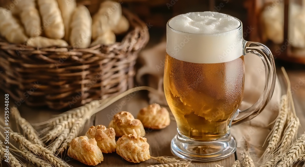 Frothy beer in a glass, accompanied by fresh pastries and wheat, exuding warmth. Frothy beer in a glass, accompanied by fresh pastries and wheat, exuding warmth.