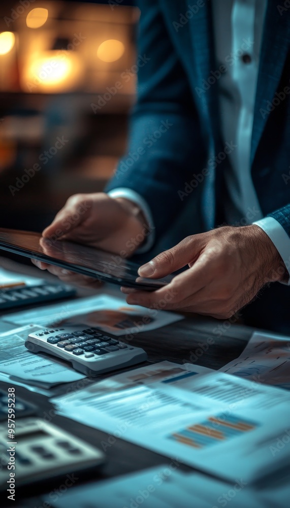 Businessman designing motion graphics for corporate finance with tablet, documents, and calculator Businessman designing motion graphics for corporate finance with tablet, documents, and calculator
