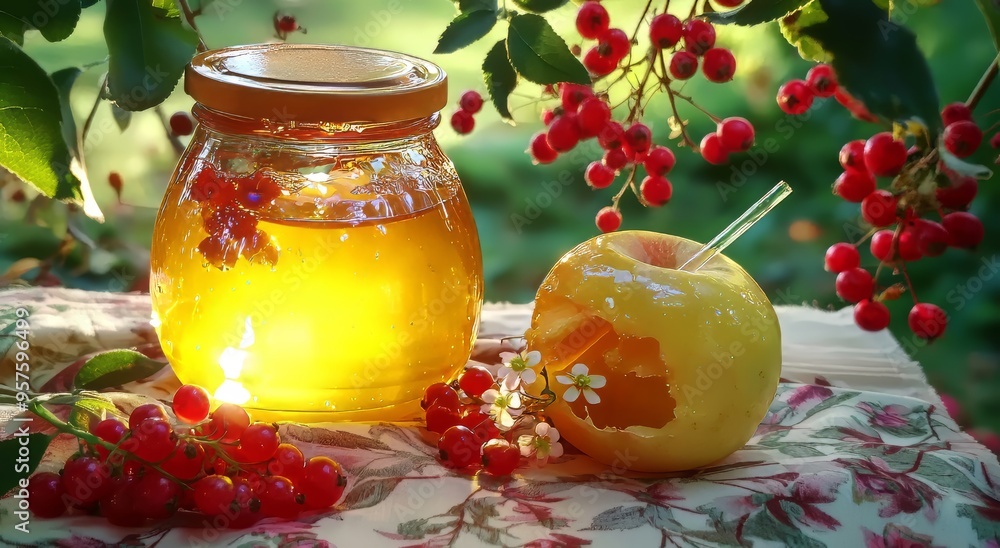 Golden honey and a carved apple surrounded by vibrant berries in a sunlit setting. Golden honey and a carved apple surrounded by vibrant berries in a sunlit setting.