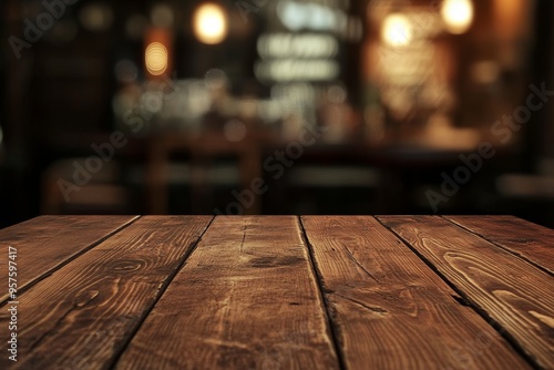 Rustic Wooden Tabletop with Blurred Bar Background.