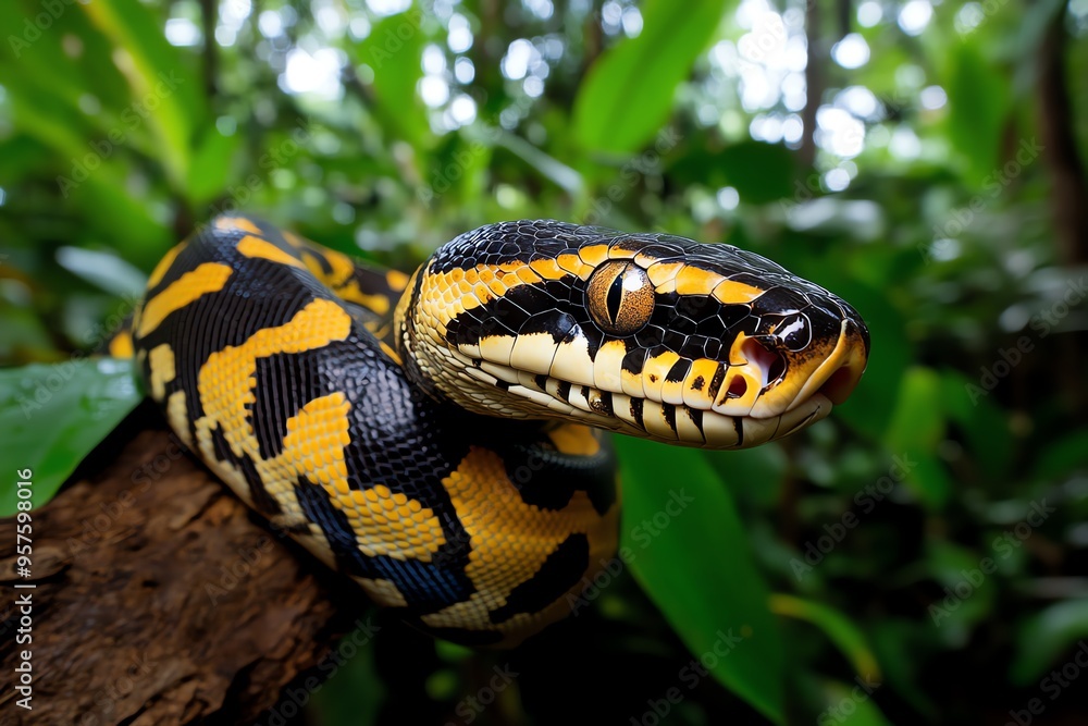 Snake Boa, Large, and Jungle shown in a dense jungle where a giant boa constrictor winds its way through the trees, its sheer size and power evident as it moves effortlessly through the undergrowth Snake Boa, Large, and Jungle shown in a dense jungle where a giant boa constrictor winds its way through the trees, its sheer size and power evident as it moves effortlessly through the undergrowth