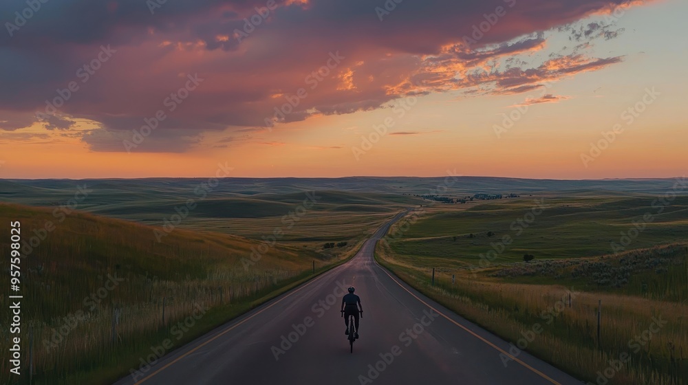 Cyclist on Rural Road at Sunset Cyclist on Rural Road at Sunset