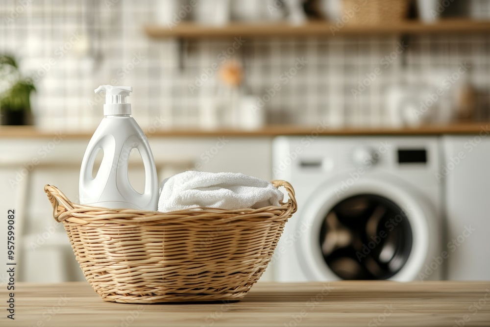 Charming laundry basket on wooden table next to washing machine and detergent housework banner Charming laundry basket on wooden table next to washing machine and detergent housework banner