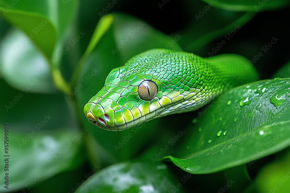 Snake Python, Green, and Camouflage visualized in a jungle where a green python blends in perfectly with the lush vegetation, its body nearly indistinguishable from the leaves Snake Python, Green, and Camouflage visualized in a jungle where a green python blends in perfectly with the lush vegetation, its body nearly indistinguishable from the leaves