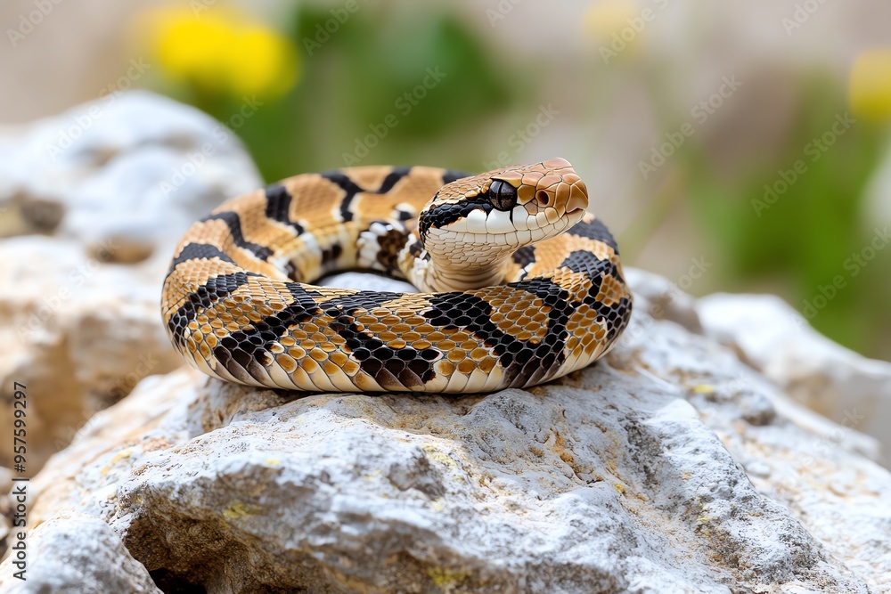 Obraz premium Snake Rattlesnake, Rocky Terrain, and Danger depicted in a rocky outcrop where a rattlesnake lies in wait, its rattle raised as a warning to any who dare approach