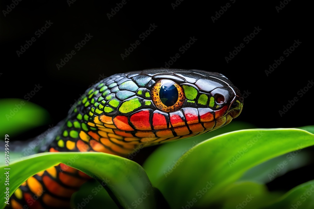 Fototapeta premium Snake Scales, Multicolor, and Forest depicted in a forest where a snake with multicolored scales slithers through the foliage, its vibrant colors contrasting with the green leaves