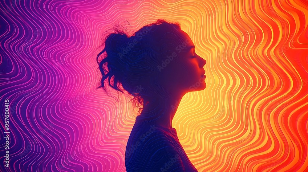 Woman Silhouette in Wavy Abstract Background - Digital Art Illustration Woman Silhouette in Wavy Abstract Background - Digital Art Illustration