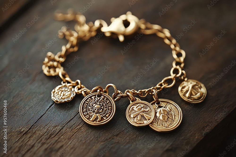 Gold Chain Bracelet with Multiple Coin-Shaped Charms Gold Chain Bracelet with Multiple Coin-Shaped Charms