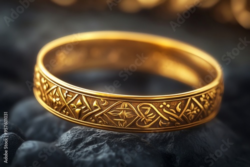 Ornate Gold Band Ring on Black Pebbles