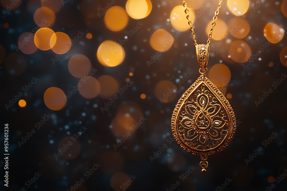 Intricate Gold Pendant with Chain Against Bokeh Background Intricate Gold Pendant with Chain Against Bokeh Background