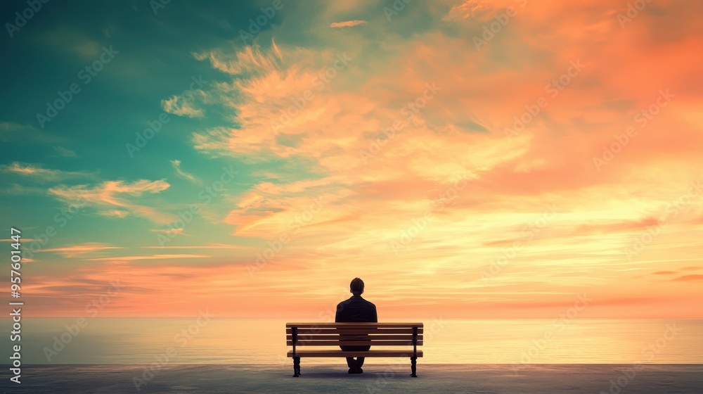 Man Sitting on Bench at Sunset Overlooking Ocean Man Sitting on Bench at Sunset Overlooking Ocean