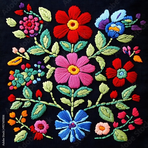 75. **Hungarian embroidery pattern with traditional, colorful motifs.** photo