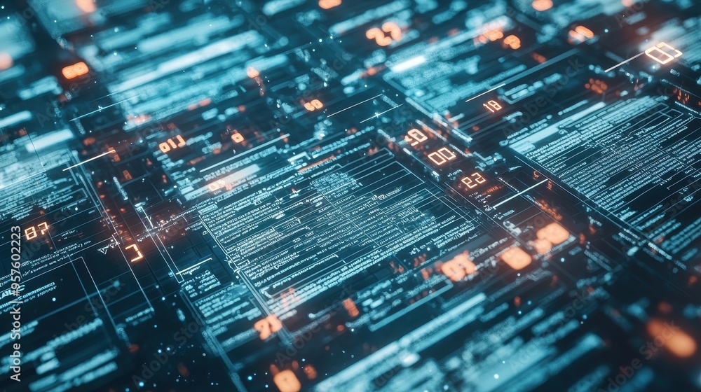 Futuristic Digital Interface with Glowing Numbers and Text Futuristic Digital Interface with Glowing Numbers and Text