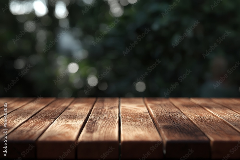 Close-up of a wooden table top with a blurred green background. Close-up of a wooden table top with a blurred green background.