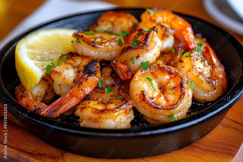 Tapas bite of garlic shrimp in a sizzling skillet, depicted in an artwork where tender shrimp are sautéed in garlic, olive oil, and chili flakes, served in a hot cast iron skillet with lemon Tapas bite of garlic shrimp in a sizzling skillet, depicted in an artwork where tender shrimp are sautéed in garlic, olive oil, and chili flakes, served in a hot cast iron skillet with lemon