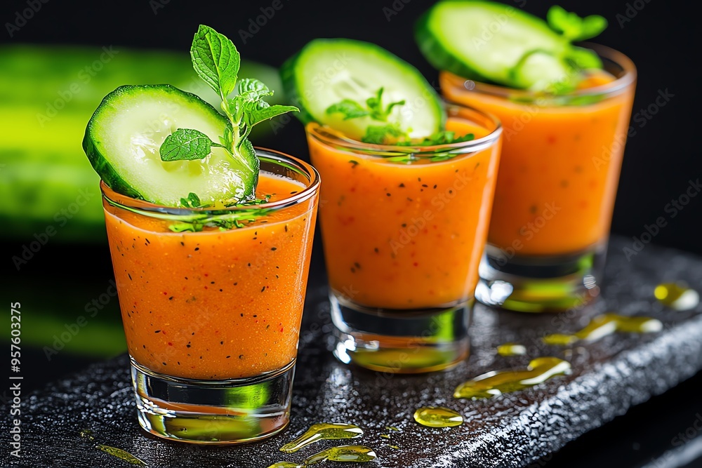 Tapas bite of gazpacho shots with a cucumber garnish, captured in a photo where chilled gazpacho is served in small shot glasses, garnished with a slice of cucumber and a drizzle of olive oil Tapas bite of gazpacho shots with a cucumber garnish, captured in a photo where chilled gazpacho is served in small shot glasses, garnished with a slice of cucumber and a drizzle of olive oil