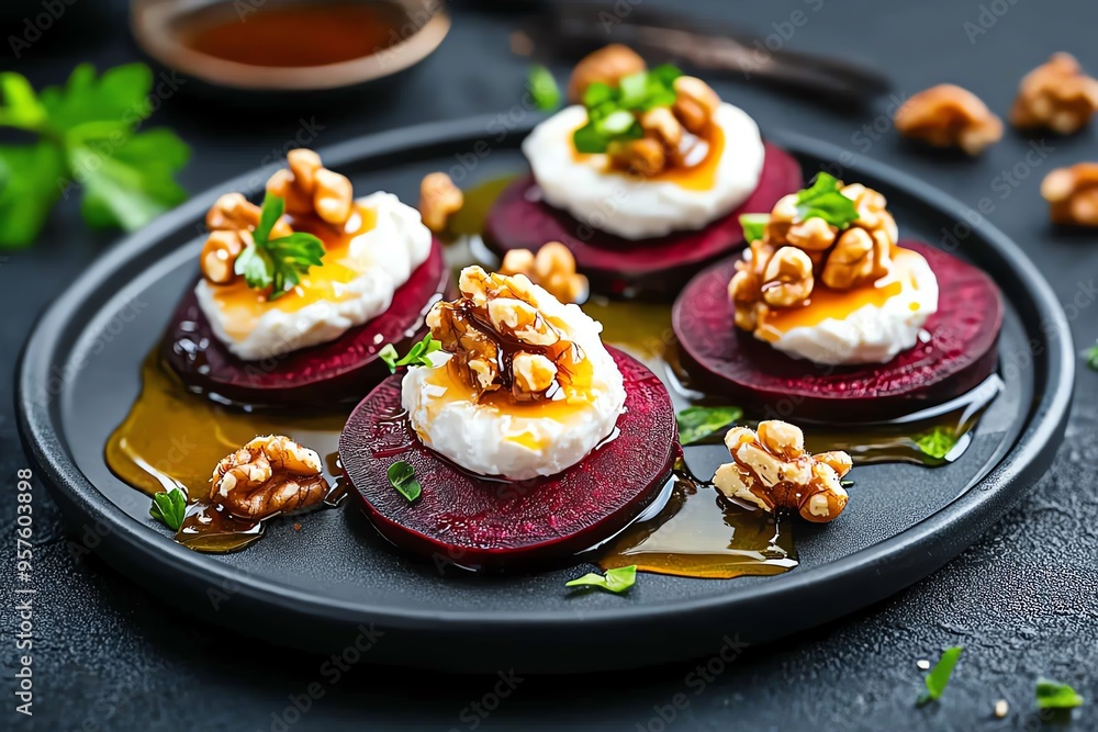 Tapas bite of roasted beetroot with goat cheese and walnuts, illustrated in a scene where roasted beetroot slices are topped with crumbled goat cheese and toasted walnuts, drizzled with honey, Tapas bite of roasted beetroot with goat cheese and walnuts, illustrated in a scene where roasted beetroot slices are topped with crumbled goat cheese and toasted walnuts, drizzled with honey,