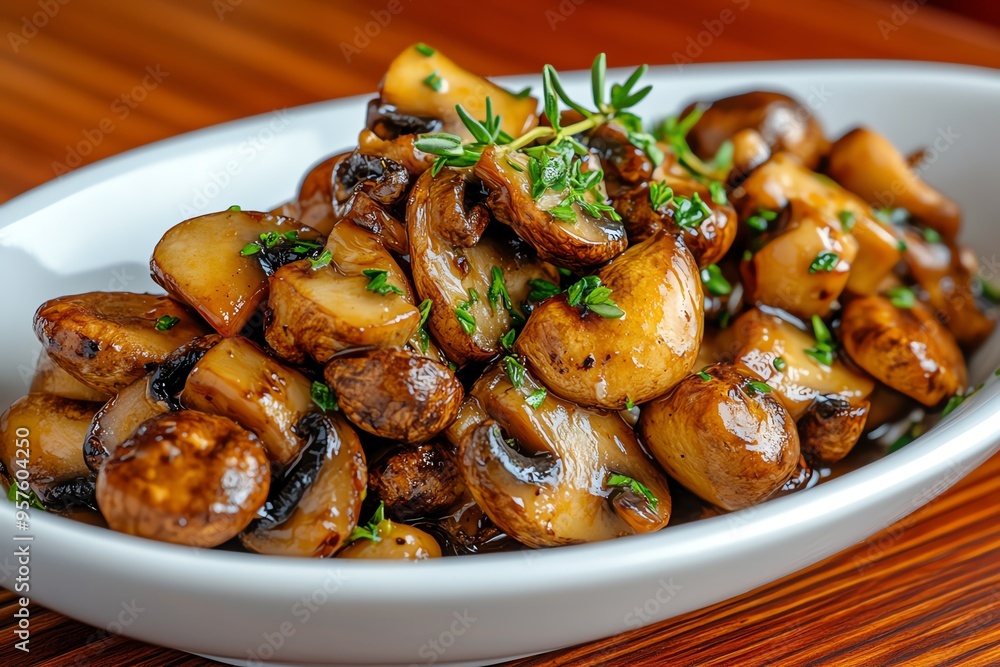 Tapas bite of sautéed mushrooms with garlic and sherry, captured in a photo where a medley of wild mushrooms is sautéed in garlic and sherry, garnished with fresh thyme, and served in a small Tapas bite of sautéed mushrooms with garlic and sherry, captured in a photo where a medley of wild mushrooms is sautéed in garlic and sherry, garnished with fresh thyme, and served in a small