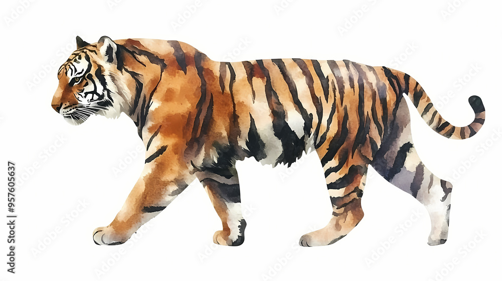 Obraz premium Watercolor walking tiger in profile on a white background. Tiger. Illustration