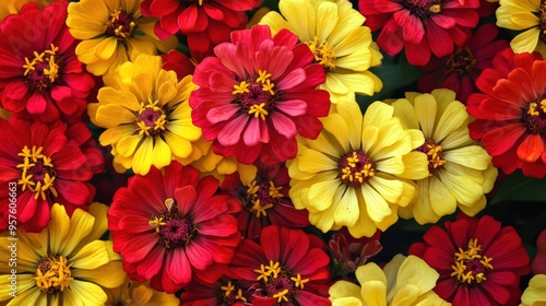 A vibrant display of red and yellow zinnias, symbolizing endurance and lasting friendship, perfect for summer and friendship day marketing