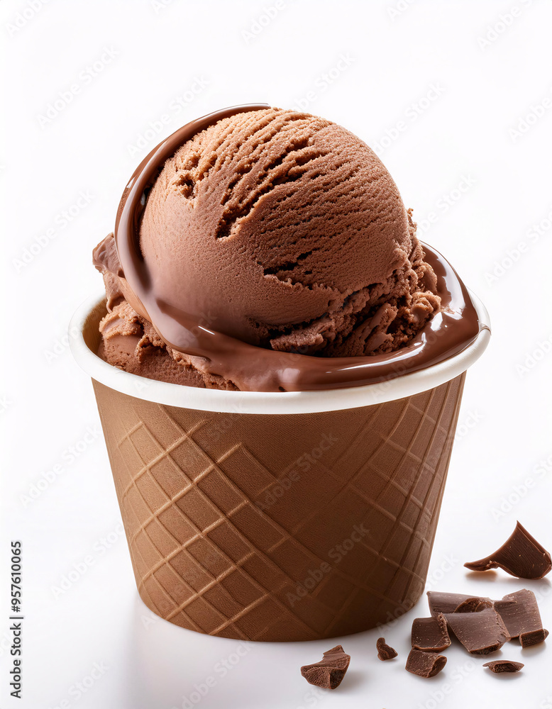 A scoop of rich, chocolate ice cream sits in a brown paper cup, drizzled with a chocolate sauce and surrounded by coffee beans A scoop of rich, chocolate ice cream sits in a brown paper cup, drizzled with a chocolate sauce and surrounded by coffee beans