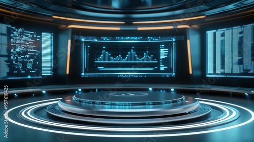 Futuristic Sci-Fi Room with Neon Lights, Circular Platform and Data Screens.