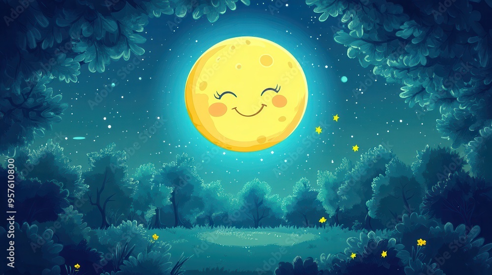 Fototapeta premium Smiling Moon In Night Sky Over Forest, Cartoon Illustration.