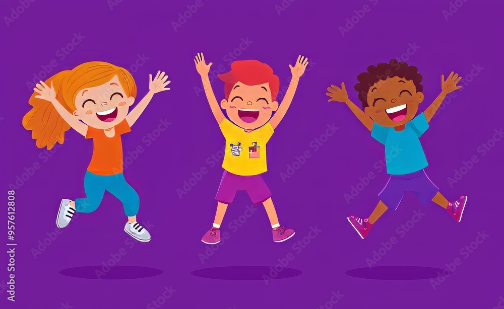 Three joyful children celebrating together on a vibrant purple background. Three joyful children celebrating together on a vibrant purple background.