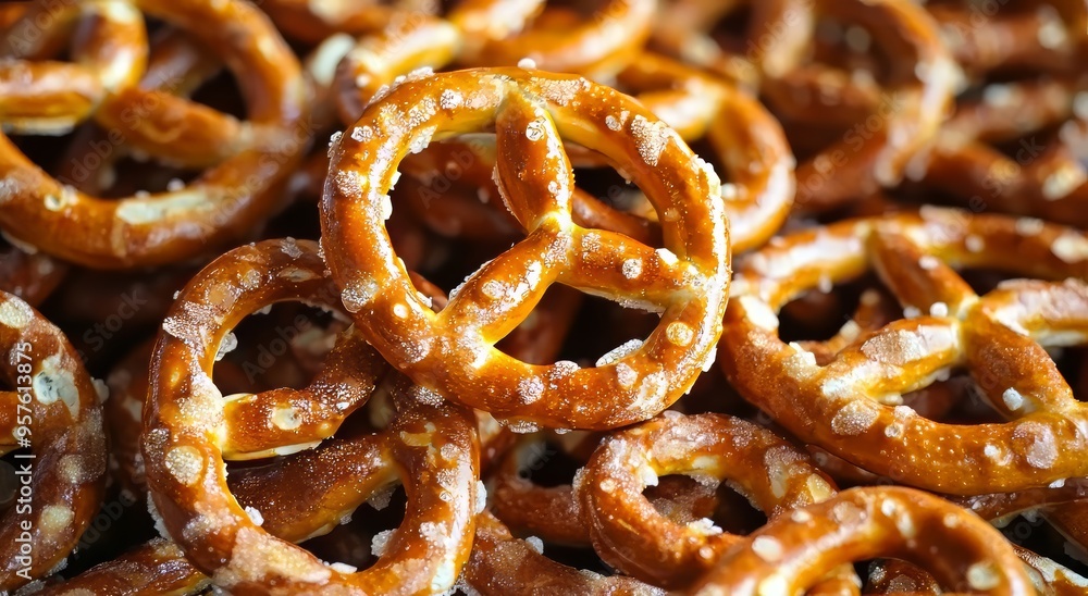 Close-up of delicious, golden-brown salted pretzels piled together. Close-up of delicious, golden-brown salted pretzels piled together.
