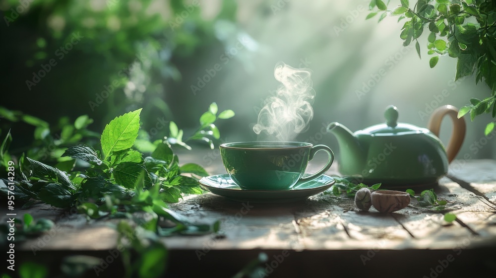 A beautiful green ceramic teapot with matching cups, set on a wooden table surrounded by fresh green herbs. A beautiful green ceramic teapot with matching cups, set on a wooden table surrounded by fresh green herbs.