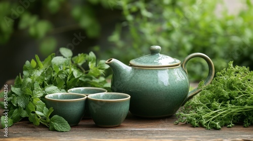 A beautiful green ceramic teapot with matching cups, set on a wooden table surrounded by fresh green herbs.