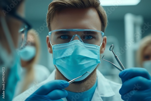 Dentist in blue gloves holding dental tools in examination room