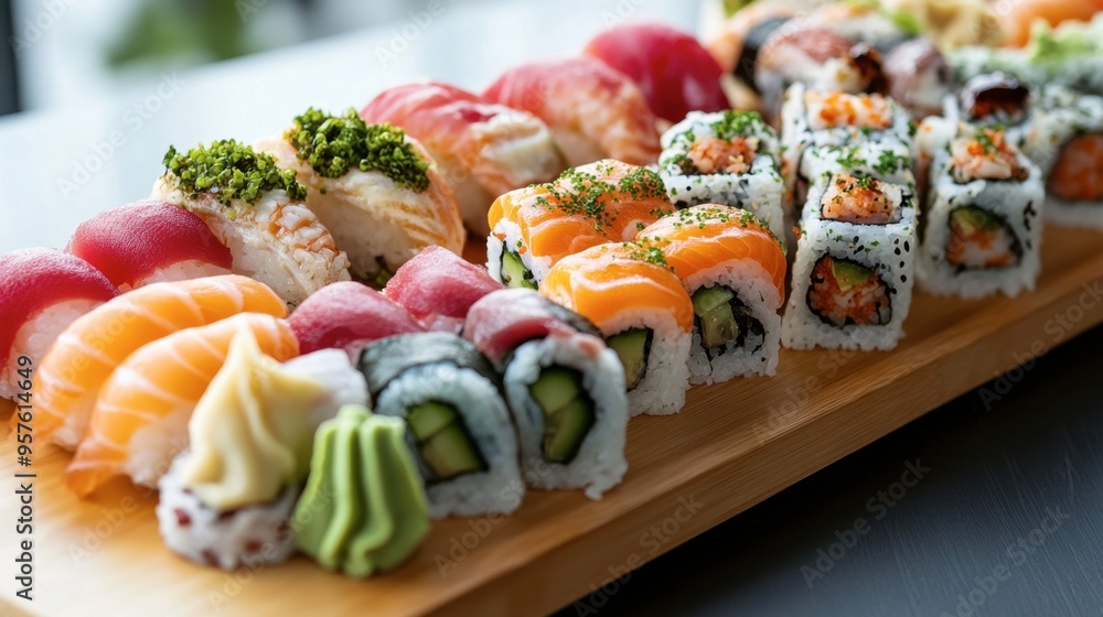 A beautifully presented sushi platter with various rolls, sashimi, pickled ginger, and wasabi, arranged on a wooden board. A beautifully presented sushi platter with various rolls, sashimi, pickled ginger, and wasabi, arranged on a wooden board.