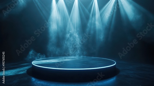 Wallpaper Mural Blue Neon Podium with Smoke and Spotlights for Product Presentation. Torontodigital.ca