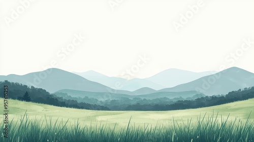 Minimalist Mountain Landscape Painting - Green Meadow with Blue Hills - Nature Art