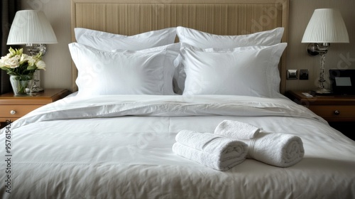 A bed in a luxurious hotel room, with crisp white linens, perfectly arranged pillows, and a folded towel on the bed.