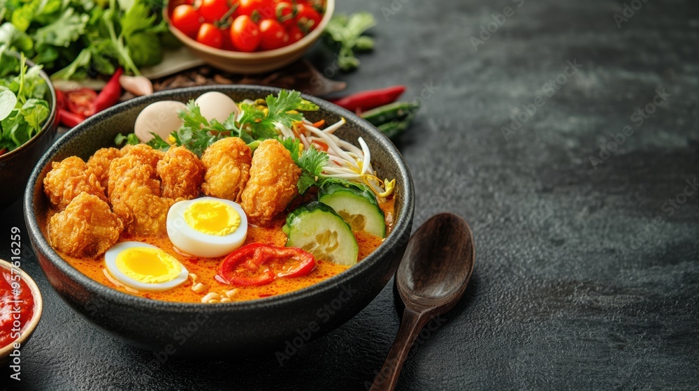 Delicious Asian Inspired Noodle Soup Bowl with Fresh Vegetables and Boiled Egg Delicious Asian Inspired Noodle Soup Bowl with Fresh Vegetables and Boiled Egg