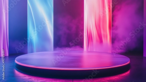 Wallpaper Mural Neon Light Product Display Stage with Pink and Blue Lighting. Torontodigital.ca