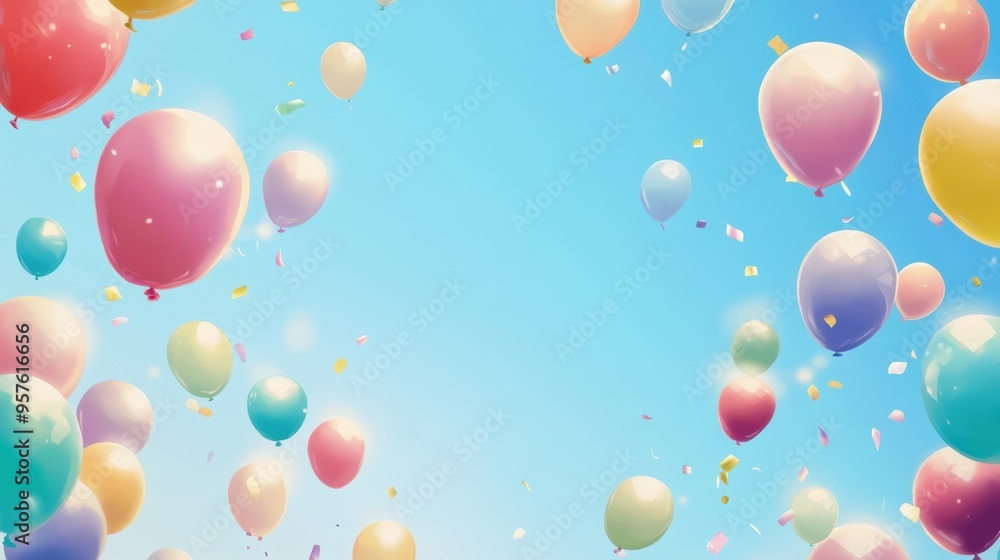 Fototapeta premium Colorful Balloons Floating in the Sky with Confetti - Festive Celebration Background.