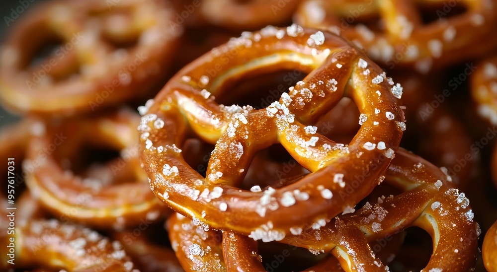 A delicious pile of golden-brown pretzels sprinkled with coarse salt. A delicious pile of golden-brown pretzels sprinkled with coarse salt.