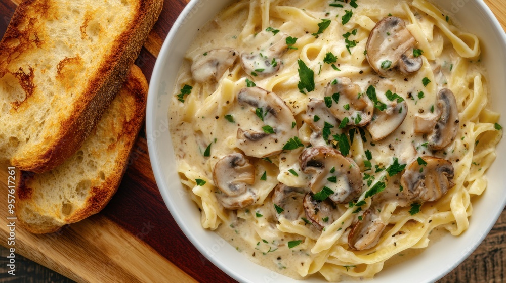 A bowl of creamy pasta with Alfredo sauce, sauted mushrooms, and parsley, served with a side of garlic bread. A bowl of creamy pasta with Alfredo sauce, sauted mushrooms, and parsley, served with a side of garlic bread.