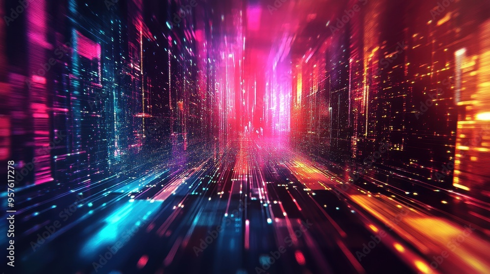 Fototapeta premium Abstract Cityscape with Colorful Neon Lights and Speed Lines.