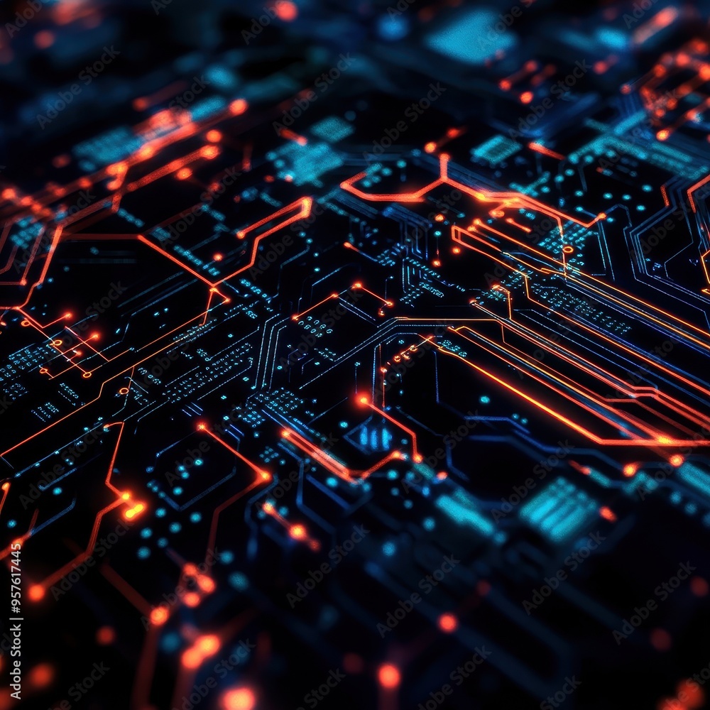 Abstract Futuristic Circuit Board with Glowing Red and Blue Lines, Close-up Technology Background. Abstract Futuristic Circuit Board with Glowing Red and Blue Lines, Close-up Technology Background.