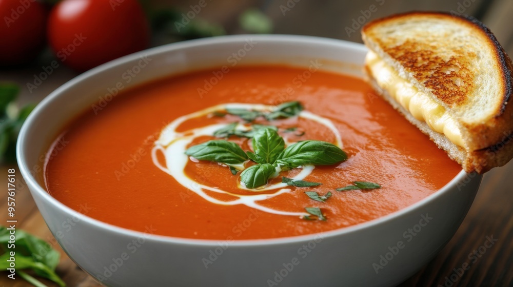 A bowl of creamy tomato soup with a swirl of cream, fresh basil leaves, and a slice of grilled cheese sandwich on the side. A bowl of creamy tomato soup with a swirl of cream, fresh basil leaves, and a slice of grilled cheese sandwich on the side.