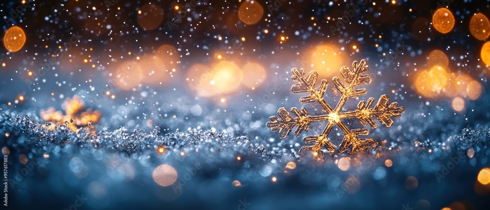 Snowflakes sparkle in the darkness, their shimmering fall creating a glittering effect. Snowflakes sparkle in the darkness, their shimmering fall creating a glittering effect.