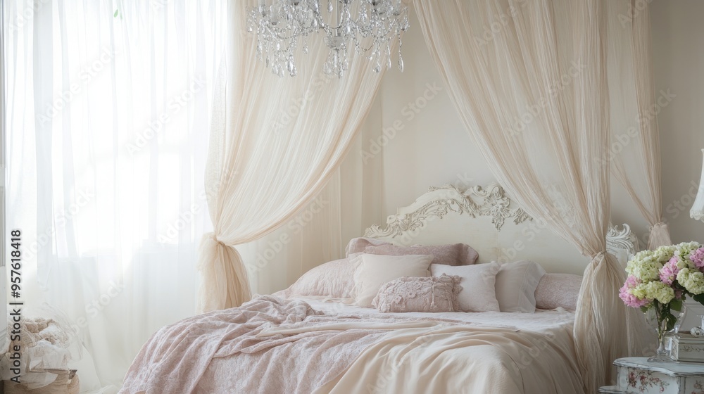 A canopy bed with sheer curtains, soft pastel bedding, and a decorative chandelier, creating a dreamy bedroom setting. A canopy bed with sheer curtains, soft pastel bedding, and a decorative chandelier, creating a dreamy bedroom setting.
