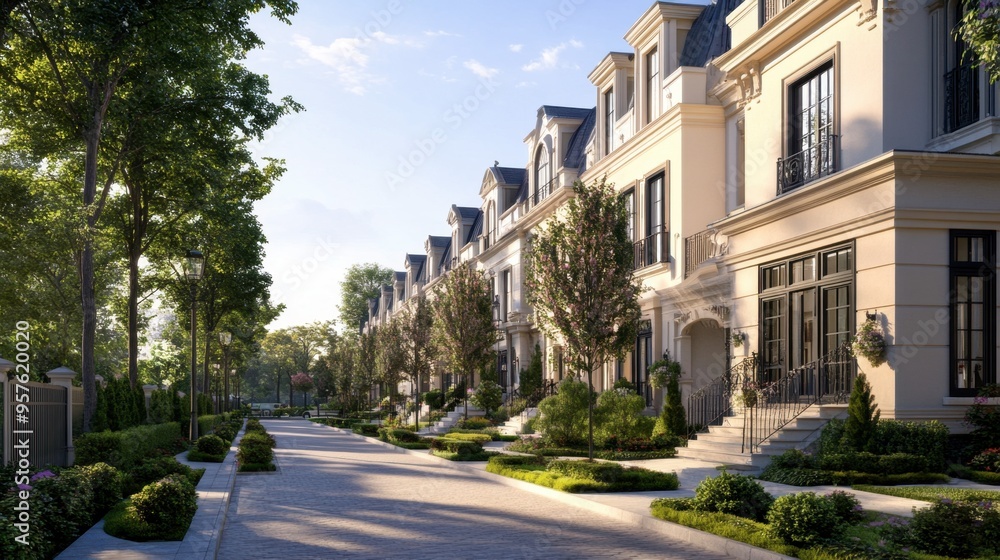 A classic row of townhouses with uniform facades, small front gardens, and a welcoming street view. A classic row of townhouses with uniform facades, small front gardens, and a welcoming street view.